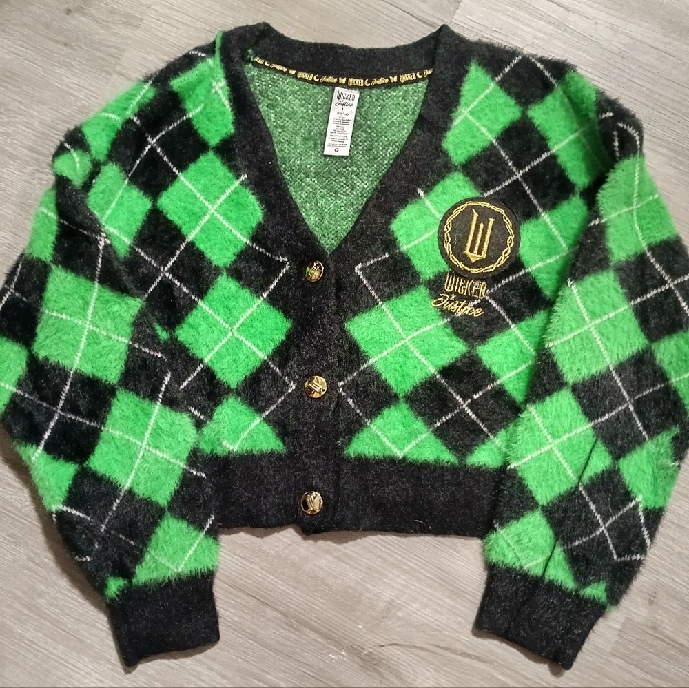 Girl's Wicked Justice green and black argyle cardigan